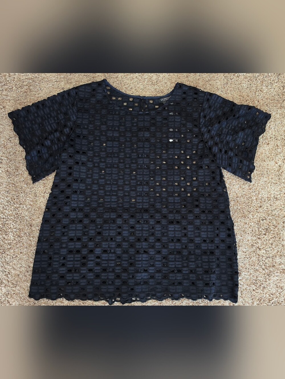 Liverpool Black And Blue Eyelet Grid Lace Short Sleeve Top S/M New